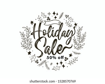 Holiday sale banner lettering with snowflakes and Winter sale 50% discount text with white snowflakes