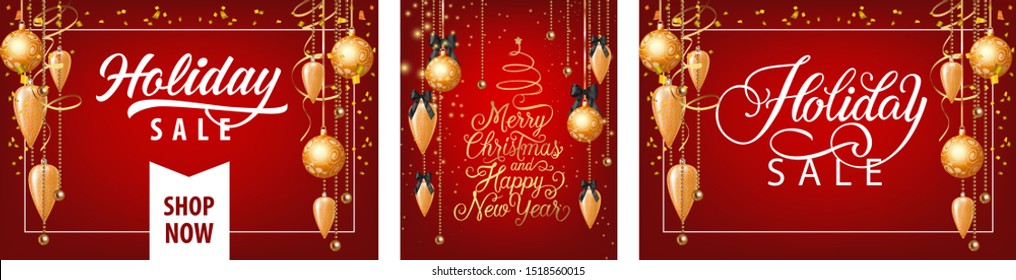 Holiday sale banner set with baubles on vinous ground. Calligraphy with decorative design can be used for invitations, post cards, announcements