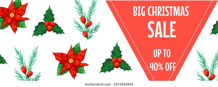 Holiday sale banner template with Christmas plants