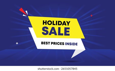 Holiday sale best prices inside web banner vector art illustration label icon badge template design yellow white shapes dark light blue sun shine abstract business background unique trendy graphics