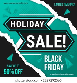 Venta de vacaciones, plantilla de diseño de afiches de Black Friday. Banner de ilustración vectorial con diseño cuadrado. patrón de semitono de círculo combinado, flecha, elemento triangular 3d, papel roto y elemento de sombra.