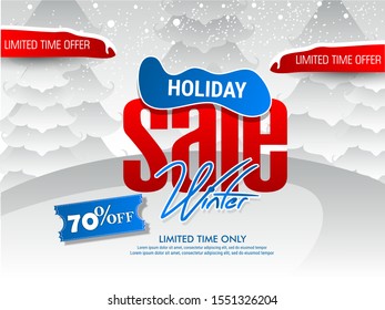 Holiday sale, Christmas sale banner, Sale design on a winter background