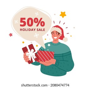 Holiday sale concept.Man holding wrapped box, inside is 50 percent promotion code for New Year, Christmas discounts.Vector flat illustration.