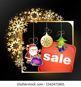 Holiday sale frame golden snowflakes christmas ball pattern