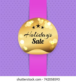Holiday sale golden label with three stars, best prices poster logo design. Golden seal award vector banner on violet and purple with sparkling elements