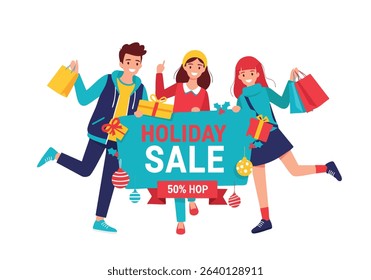 Holiday sale with happy shoppers and gift boxes