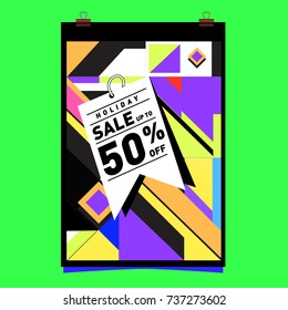 Holiday Sale Memphis Style Poster Design. Fashion and Travel Discount Poster. Vector holiday Abstract Colorful Illustration with Special offer and Promotion.