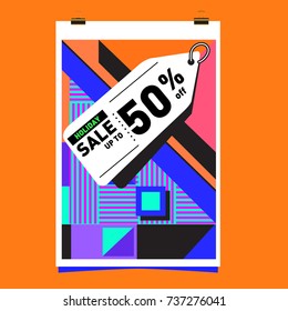 Holiday Sale Memphis Style Poster Design. Fashion and Travel Discount Poster. Vector holiday Abstract Colorful Illustration with Special offer and Promotion.