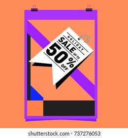 Holiday Sale Memphis Style Poster Design. Fashion and Travel Discount Poster. Vector holiday Abstract Colorful Illustration with Special offer and Promotion.