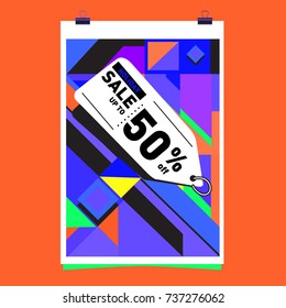 Holiday Sale Memphis Style Poster Design. Fashion and Travel Discount Poster. Vector holiday Abstract Colorful Illustration with Special offer and Promotion.