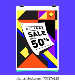 Holiday Sale Memphis Style Poster Design. Fashion and Travel Discount Poster. Vector holiday Abstract Colorful Illustration with Special offer and Promotion.