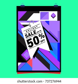 Holiday Sale Memphis Style Poster Design. Fashion and Travel Discount Poster. Vector holiday Abstract Colorful Illustration with Special offer and Promotion.