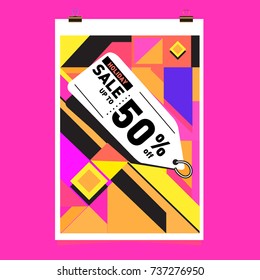 Holiday Sale Memphis Style Poster Design. Fashion and Travel Discount Poster. Vector holiday Abstract Colorful Illustration with Special offer and Promotion.