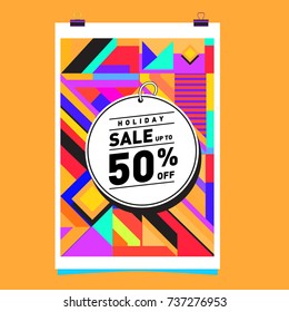 Holiday Sale Memphis Style Poster Design. Fashion and Travel Discount Poster. Vector holiday Abstract Colorful Illustration with Special offer and Promotion.