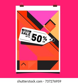Holiday Sale Memphis Style Poster Design. Fashion and Travel Discount Poster. Vector holiday Abstract Colorful Illustration with Special offer and Promotion.