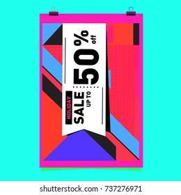 Holiday Sale Memphis Style Poster Design. Fashion and Travel Discount Poster. Vector holiday Abstract Colorful Illustration with Special offer and Promotion.