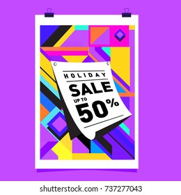 Holiday Sale Memphis Style Poster Design. Fashion and Travel Discount Poster. Vector holiday Abstract Colorful Illustration with Special offer and Promotion.