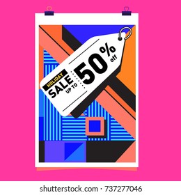 Holiday Sale Memphis Style Poster Design. Fashion and Travel Discount Poster. Vector holiday Abstract Colorful Illustration with Special offer and Promotion.