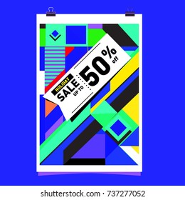 Holiday Sale Memphis Style Poster Design. Fashion and Travel Discount Poster. Vector holiday Abstract Colorful Illustration with Special offer and Promotion.