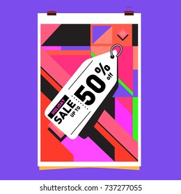 Holiday Sale Memphis Style Poster Design. Fashion and Travel Discount Poster. Vector holiday Abstract Colorful Illustration with Special offer and Promotion.