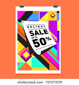 Holiday Sale Memphis Style Poster Design. Fashion and Travel Discount Poster. Vector holiday Abstract Colorful Illustration with Special offer and Promotion.