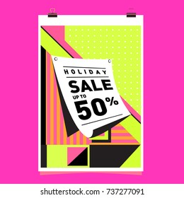 Holiday Sale Memphis Style Poster Design. Fashion and Travel Discount Poster. Vector holiday Abstract Colorful Illustration with Special offer and Promotion.