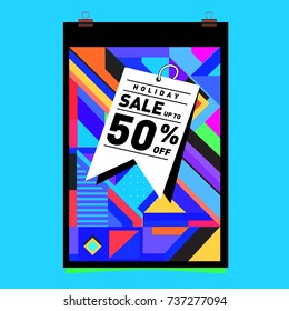 Holiday Sale Memphis Style Poster Design. Fashion and Travel Discount Poster. Vector holiday Abstract Colorful Illustration with Special offer and Promotion.
