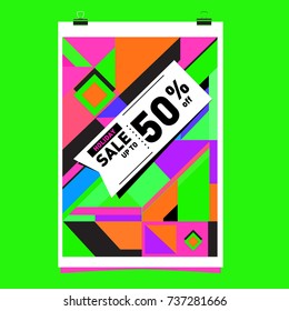 Holiday Sale Memphis Style Poster Design. Fashion and Travel Discount Poster. Vector holiday Abstract Colorful Illustration with Special offer and Promotion.