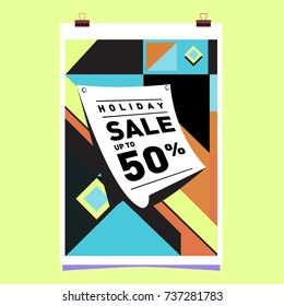Holiday Sale Memphis Style Poster Design. Fashion and Travel Discount Poster. Vector holiday Abstract Colorful Illustration with Special offer and Promotion.