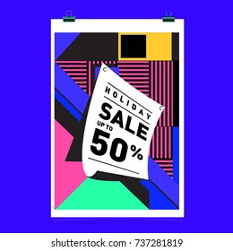 Holiday Sale Memphis Style Poster Design. Fashion and Travel Discount Poster. Vector holiday Abstract Colorful Illustration with Special offer and Promotion.