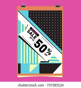 Holiday Sale Memphis Style Poster Design. Fashion and Travel Discount Poster. Vector holiday Abstract Colorful Illustration with Special offer and Promotion.