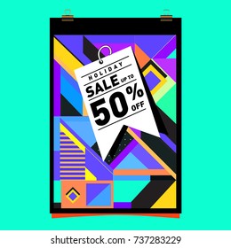 Holiday Sale Memphis Style Poster Design. Fashion and Travel Discount Poster. Vector holiday Abstract Colorful Illustration with Special offer and Promotion.