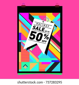 Holiday Sale Memphis Style Poster Design. Fashion and Travel Discount Poster. Vector holiday Abstract Colorful Illustration with Special offer and Promotion.