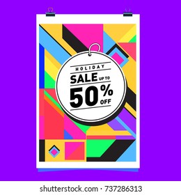 Holiday Sale Memphis Style Poster Design. Fashion and Travel Discount Poster. Vector holiday Abstract Colorful Illustration with Special offer and Promotion.