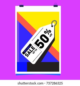 Holiday Sale Memphis Style Poster Design. Fashion and Travel Discount Poster. Vector holiday Abstract Colorful Illustration with Special offer and Promotion.