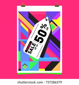 Holiday Sale Memphis Style Poster Design. Fashion and Travel Discount Poster. Vector holiday Abstract Colorful Illustration with Special offer and Promotion.