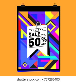 Holiday Sale Memphis Style Poster Design. Fashion and Travel Discount Poster. Vector holiday Abstract Colorful Illustration with Special offer and Promotion.