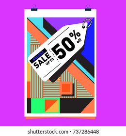 Holiday Sale Memphis Style Poster Design. Fashion and Travel Discount Poster. Vector holiday Abstract Colorful Illustration with Special offer and Promotion.