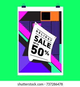 Holiday Sale Memphis Style Poster Design. Fashion and Travel Discount Poster. Vector holiday Abstract Colorful Illustration with Special offer and Promotion.