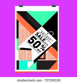 Holiday Sale Memphis Style Poster Design. Fashion and Travel Discount Poster. Vector holiday Abstract Colorful Illustration with Special offer and Promotion.