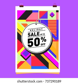 Holiday Sale Memphis Style Poster Design. Fashion and Travel Discount Poster. Vector holiday Abstract Colorful Illustration with Special offer and Promotion.