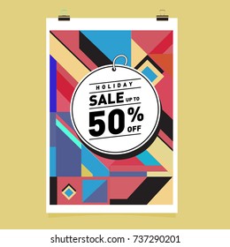 Holiday Sale Memphis Style Poster Design. Fashion and Travel Discount Poster. Vector holiday Abstract Colorful Illustration with Special offer and Promotion.