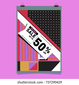 Holiday Sale Memphis Style Poster Design. Fashion and Travel Discount Poster. Vector holiday Abstract Colorful Illustration with Special offer and Promotion.