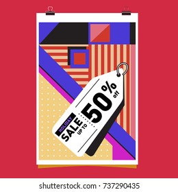 Holiday Sale Memphis Style Poster Design. Fashion and Travel Discount Poster. Vector holiday Abstract Colorful Illustration with Special offer and Promotion.