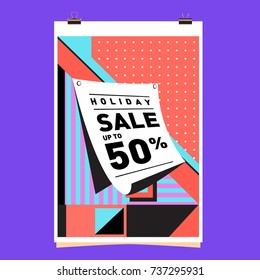 Holiday Sale Memphis Style Poster Design. Fashion and Travel Discount Poster. Vector holiday Abstract Colorful Illustration with Special offer and Promotion.