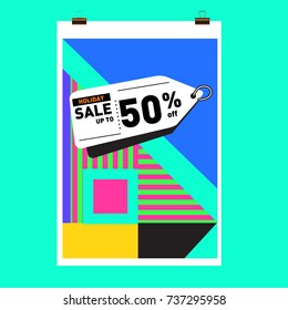 Holiday Sale Memphis Style Poster Design. Fashion and Travel Discount Poster. Vector holiday Abstract Colorful Illustration with Special offer and Promotion.