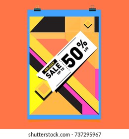 Holiday Sale Memphis Style Poster Design. Fashion and Travel Discount Poster. Vector holiday Abstract Colorful Illustration with Special offer and Promotion.