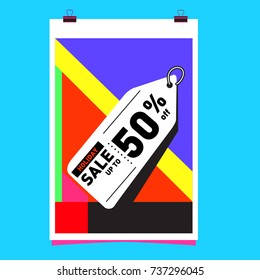 Holiday Sale Memphis Style Poster Design. Fashion and Travel Discount Poster. Vector holiday Abstract Colorful Illustration with Special offer and Promotion.