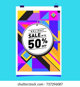 Holiday Sale Memphis Style Poster Design. Fashion and Travel Discount Poster. Vector holiday Abstract Colorful Illustration with Special offer and Promotion.