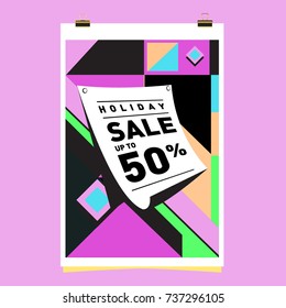 Holiday Sale Memphis Style Poster Design. Fashion and Travel Discount Poster. Vector holiday Abstract Colorful Illustration with Special offer and Promotion.